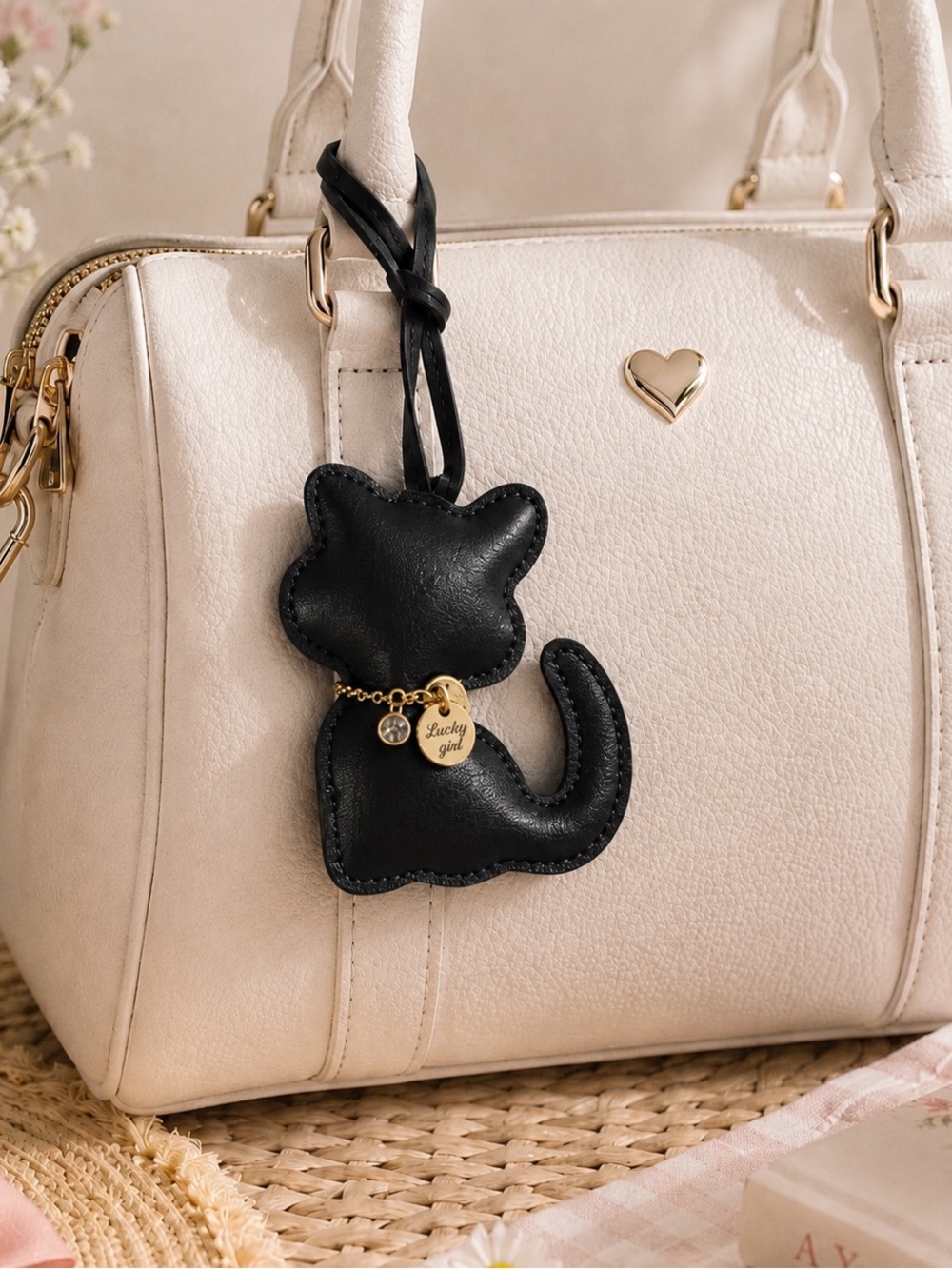 Black Faux Leather Cat Bag Charm Purse Accessory with Rhinestone Collar